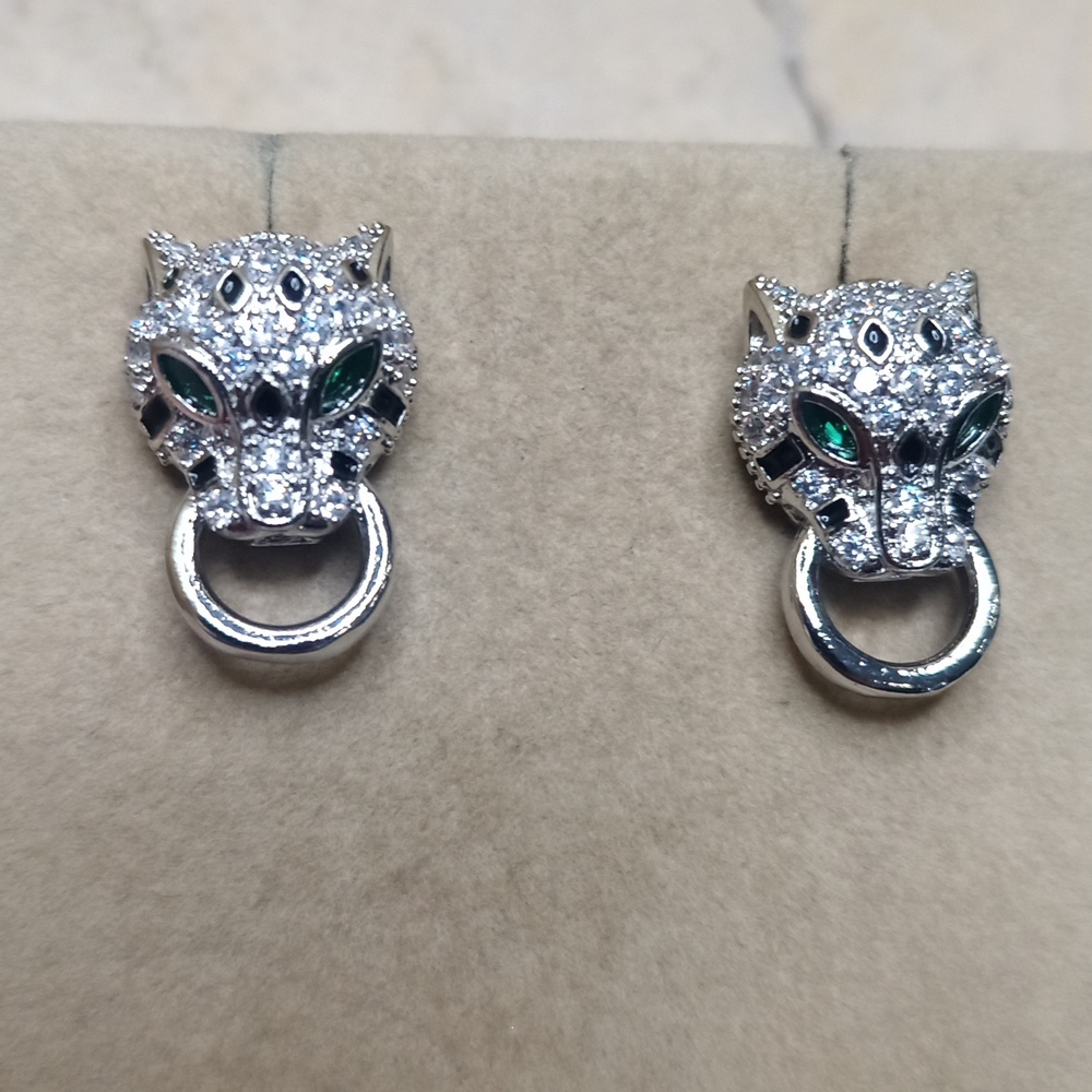 14K White gold plated Leopard head earrings